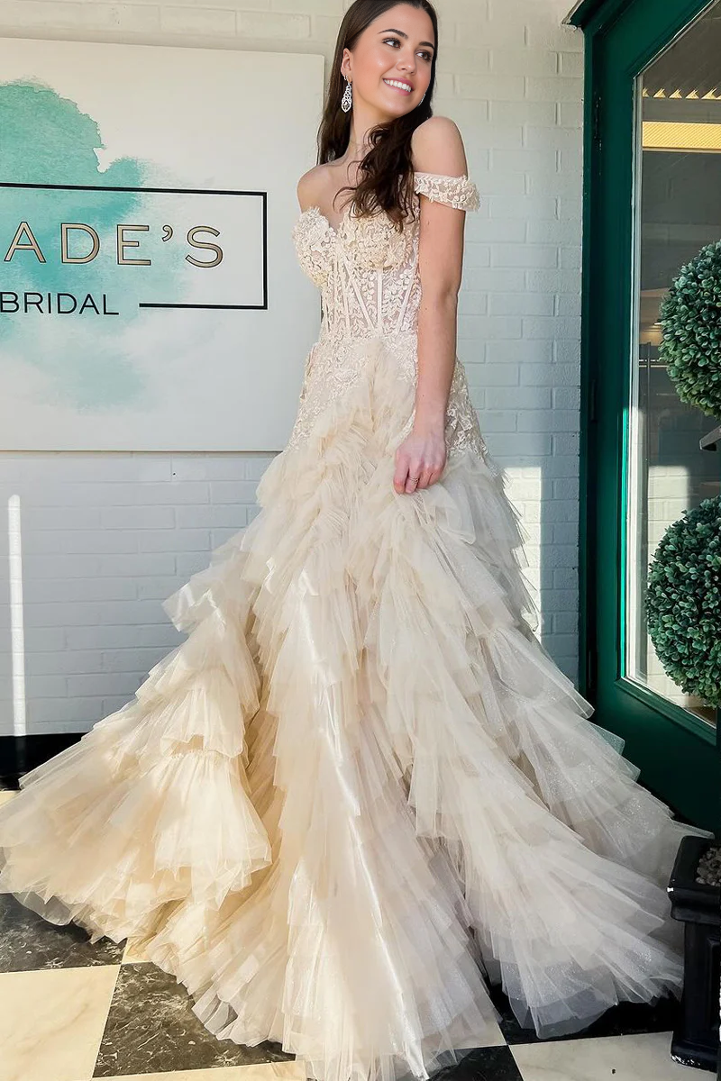 A Line Off the Shoulder Tiered Tulle Champagne Long Prom Dresses